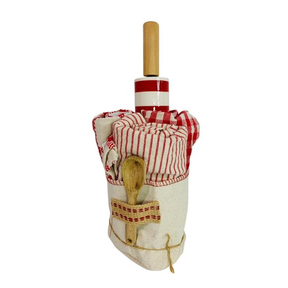 Kitchen Baking Set 3 Towels Spoon Ceramic Rolling Pin New Red - Picture 1 of 6